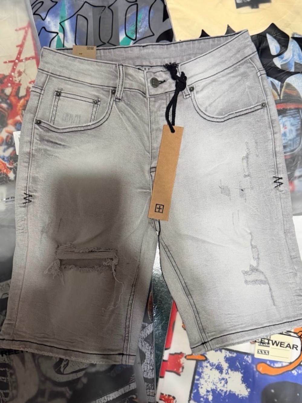 Ksubi Light Gray Distressed Relaxed Denim Shorts